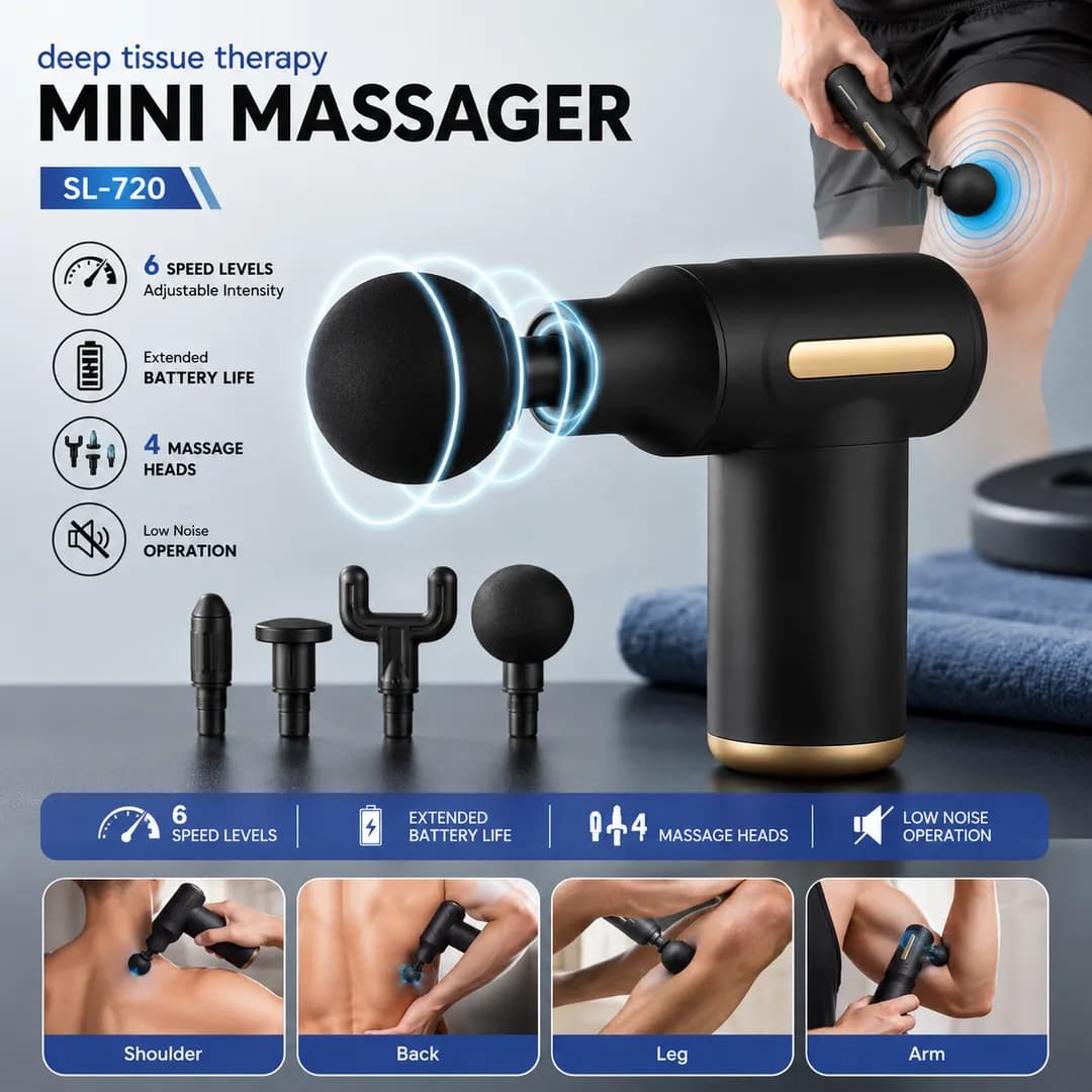 Mini Body Massage Gun SL-720 (100% Original Version) with 4 Heads & 6 Speed Levels