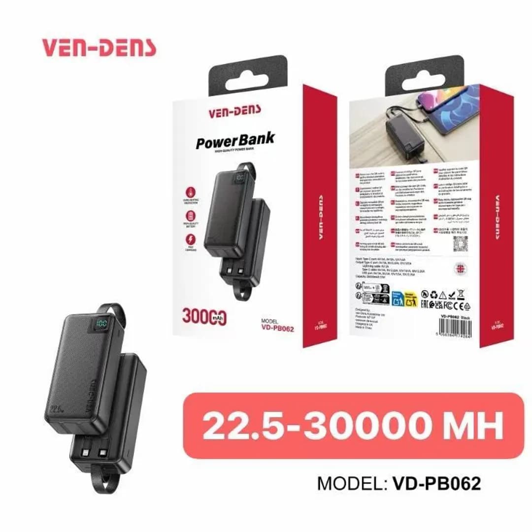 Ven-Dens VD-PB062 30000mAh Power Bank with 22.5W Fast Charging & LED Display